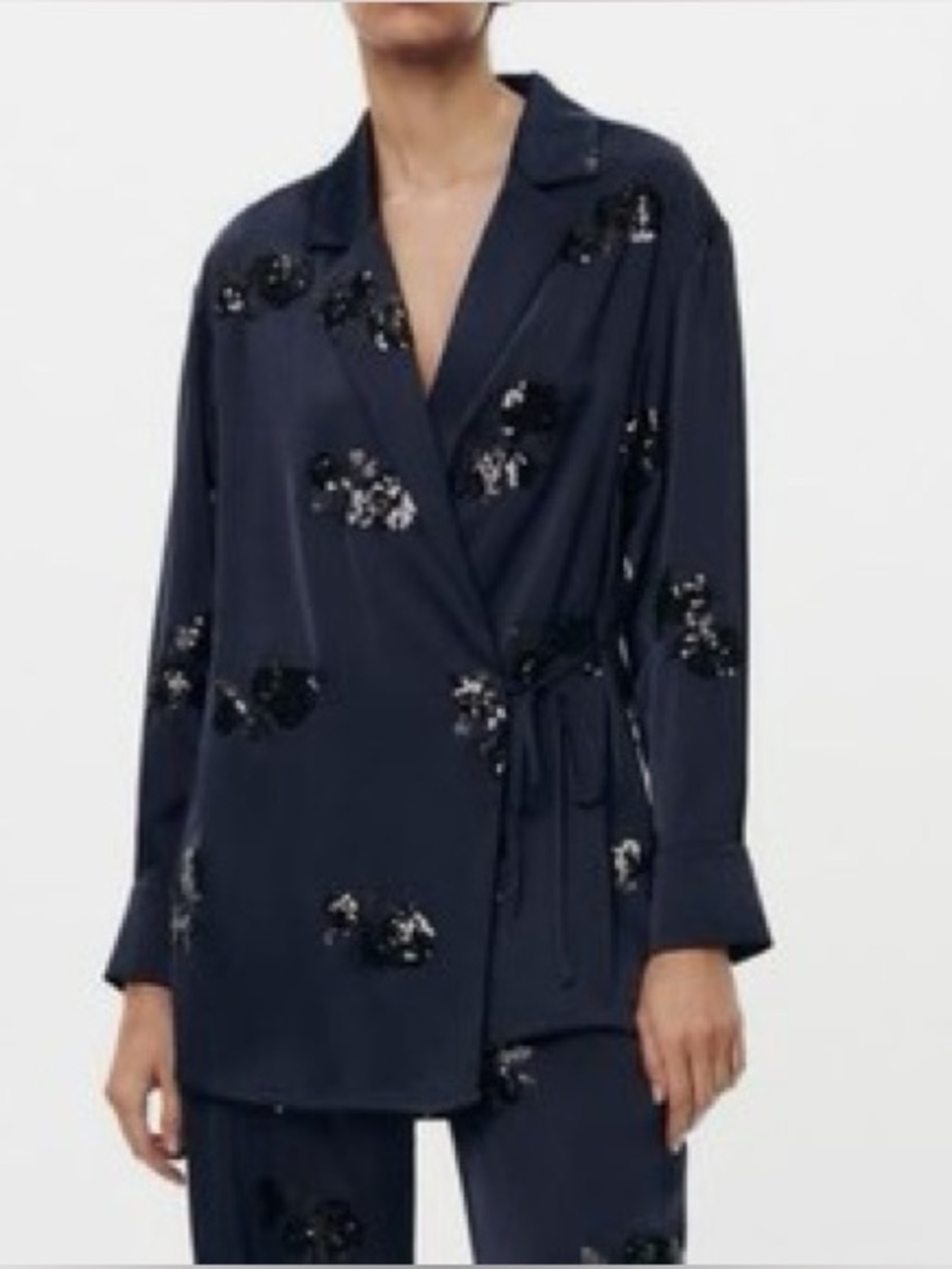 Zara - NWT Navy Blue Sequin Black Floral Long Sleeve Light Blouse Size Medium